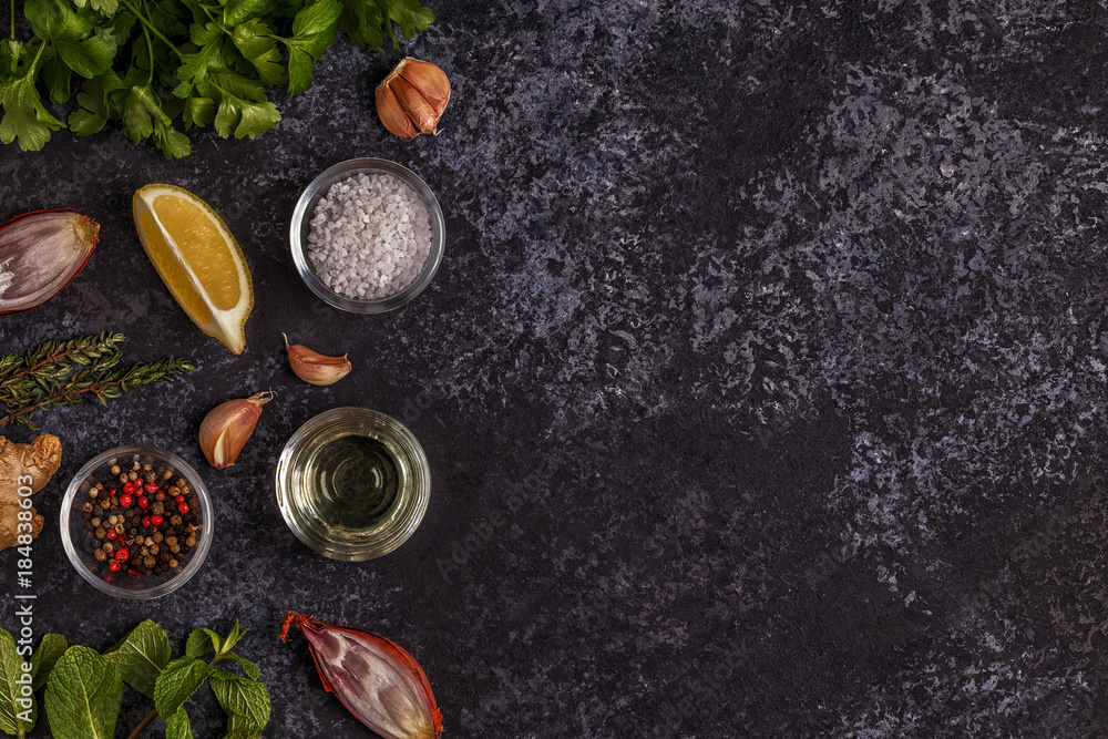 Background with spices, herbs and olive oil. Background with spices, herbs and olive oil.