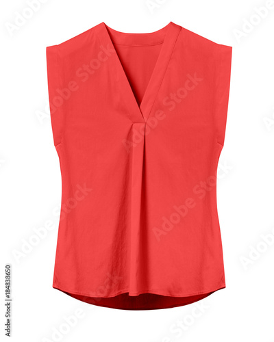 Red elegant woman summer sleeveless office blouse isolated on white