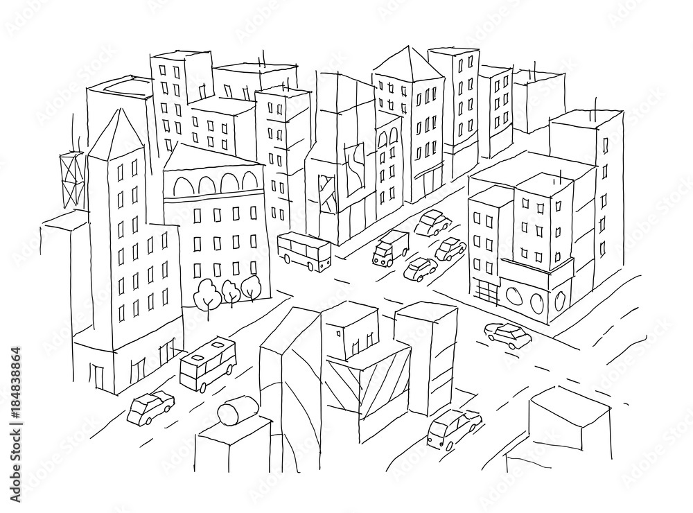 City street Intersection sketch. Traffic road view. Cars end buildings top view. Hand drawn vector stock line illustration.