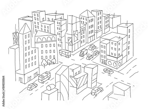 City street Intersection sketch. Traffic road view. Cars end buildings top view. Hand drawn vector stock line illustration.