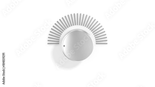 A chrome audio volume knob turning up with a green, yellow, and red spectrum LED light meter over a bright white background.  3D Illustration.