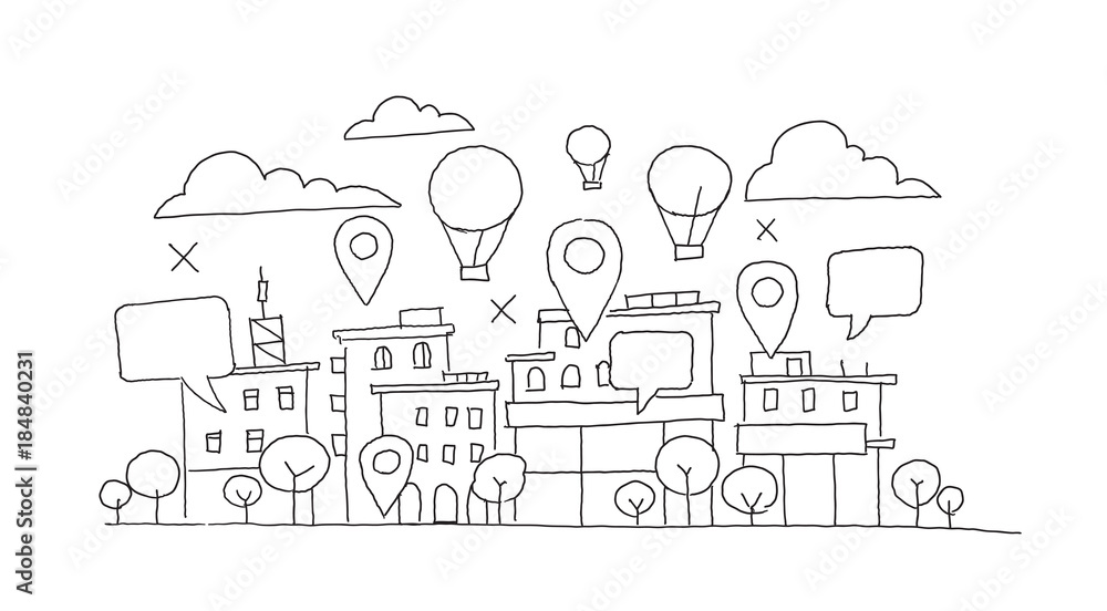 City panorama sketch. Balloon in the sky, geolocation markers and bubble. Infographic hand drawn vector stock illustration. Building architecture landscape. City panorama sketch. Balloon in the sky, geolocation markers and bubble. Infographic hand drawn vector stock illustration. Building architecture landscape.