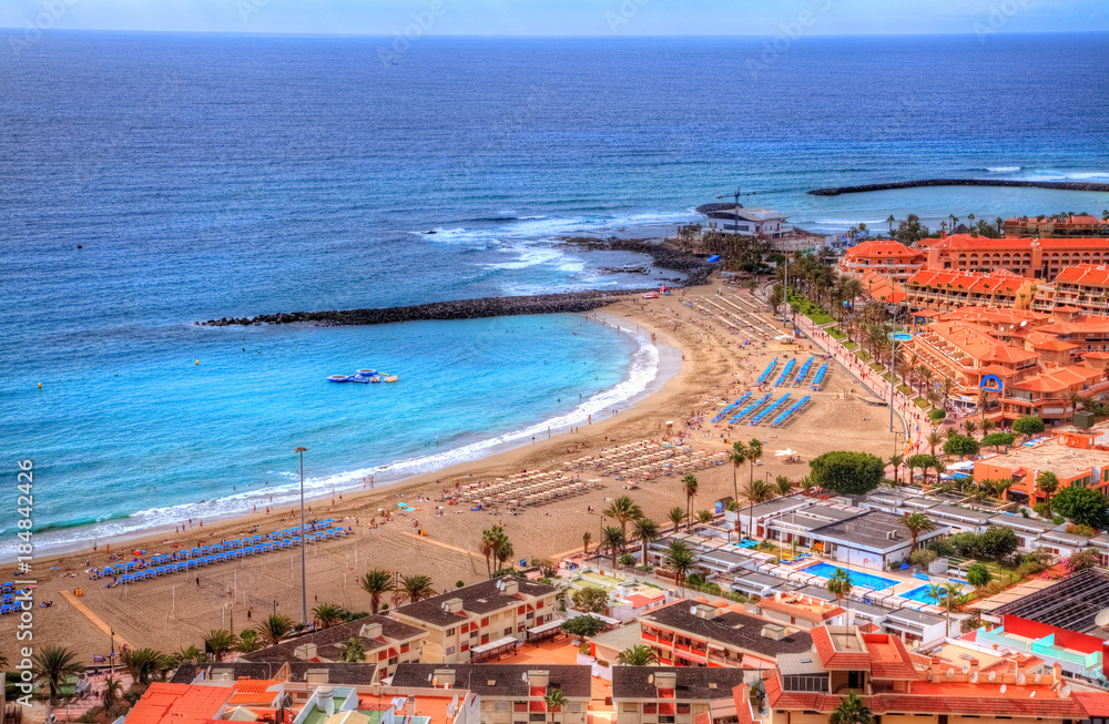 Aerial panorama of Fuente beach De Las Vistas on Canary island in summer holiday, Tenerife, Spain