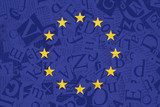 European Union flag on alphabet soup texture background.