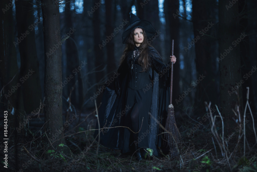 Witch with a broom in the forest Witch with a broom in the forest