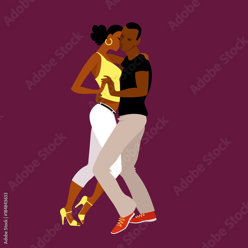 Young Latin couple dancing kizomba, salsa or bachata, EPS 8 vector illustration, no transparencies, isolated on purple