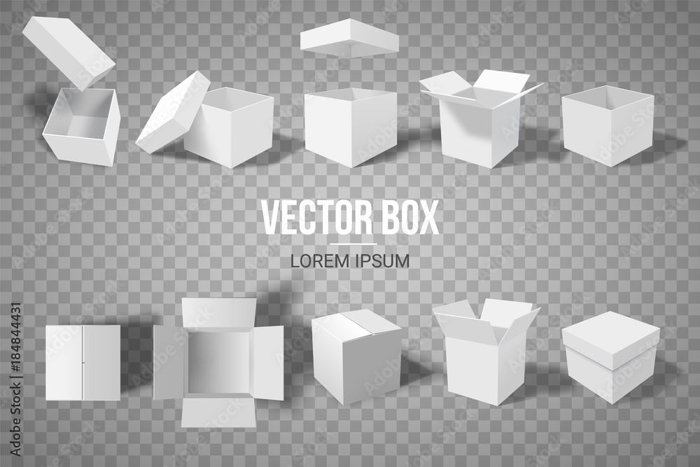 A set of open and closed boxes in different angles. Isometry in perspective. White cardboard box. Vector illustration. - obrazy, fototapety, plakaty 