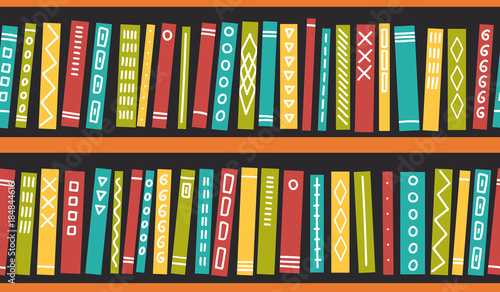 Books pattern. Books with ornament on shelves on dark background. Vector illustration.