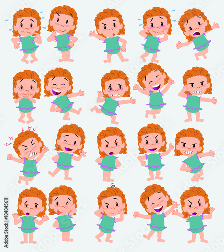 Cartoon character white girl in a swimsuit. Set with different postures  attitudes and poses  doing different activities in isolated vector illustrations.