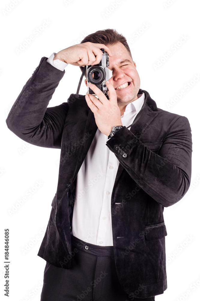 photographer with old retro film camera. isolated on white background photographer with old retro film camera. isolated on white background