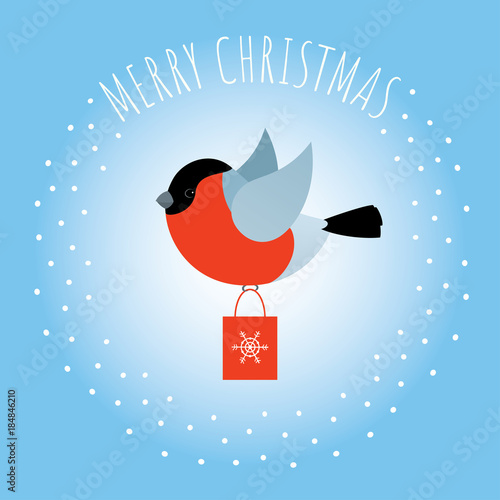 Vector Christmas illustration. Red bullfinch bird flying and carrying a shopping bag. Greeting text. Round snowy frame. Sky blue background. Square format. 