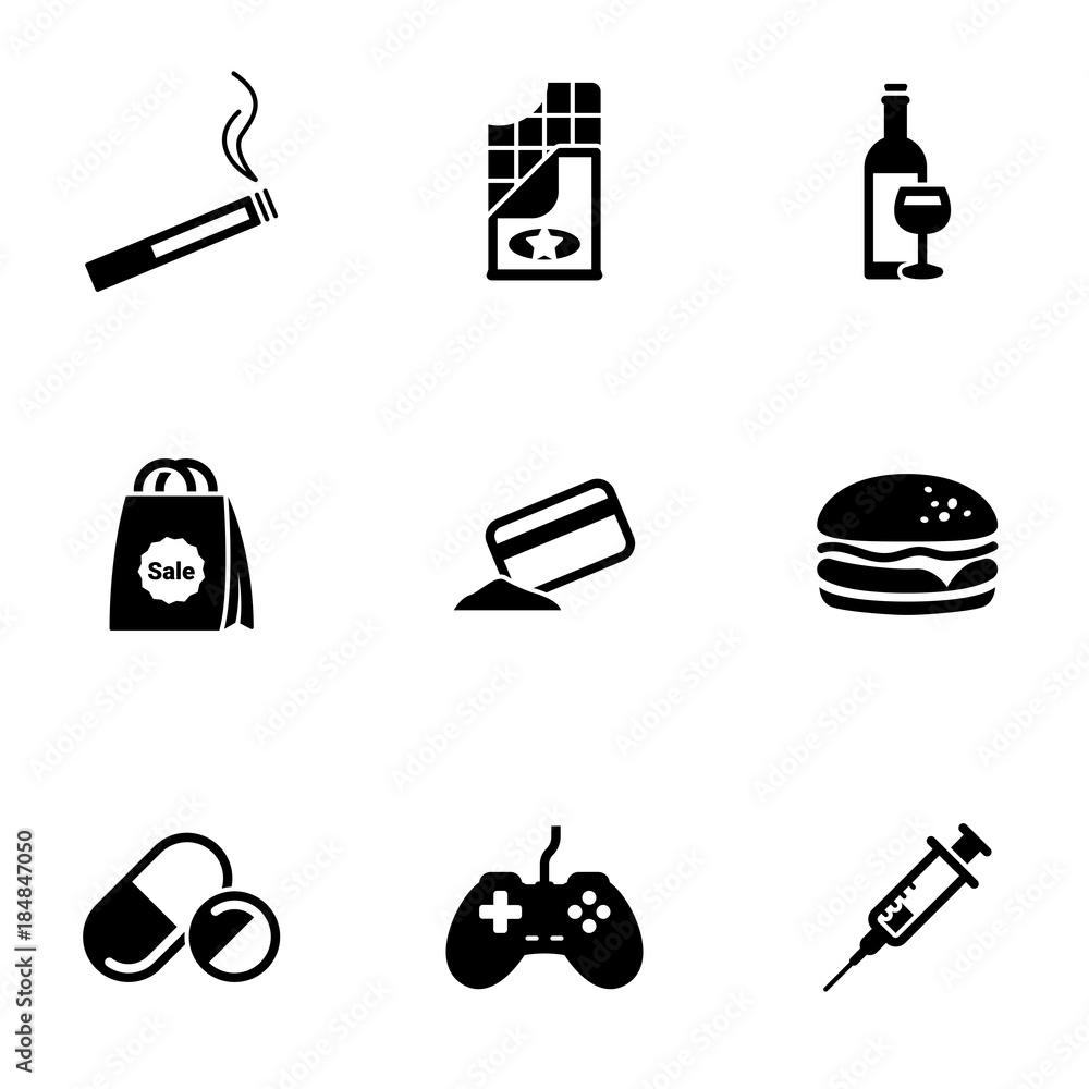 Set of simple icons on a theme Addiction, vector, design, collection, flat, sign, symbol,element, object, illustration, isolated. White background Set of simple icons on a theme Addiction, vector, design, collection, flat, sign, symbol,element, object, illustration, isolated. White background