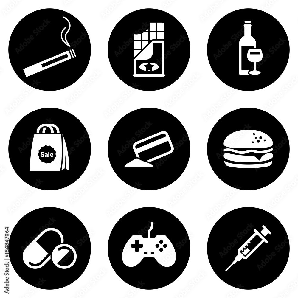 Set of simple icons on a theme Addiction, vector, design, collection, flat, sign, symbol,element, object, illustration, isolated. White background Set of simple icons on a theme Addiction, vector, design, collection, flat, sign, symbol,element, object, illustration, isolated. White background