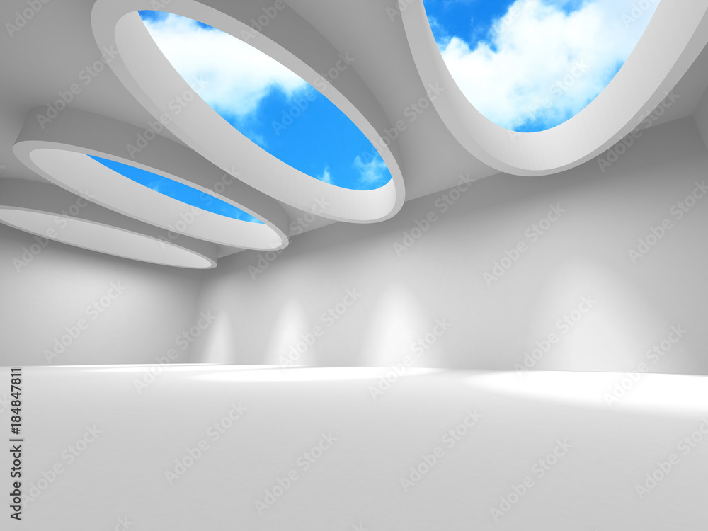 Empty white room interior with window to sky Empty white room interior with window to sky