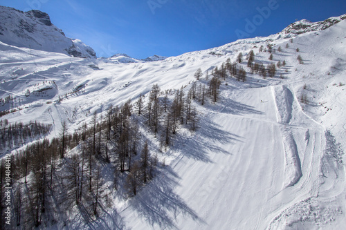 Ski Tracks in a Swiss mountains in Saas-Fee