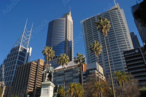 Captain Arthur Phillip monument in Royal Botanical Gardens  Deutsche Bank Place building  and Chifley Tower  Sydney