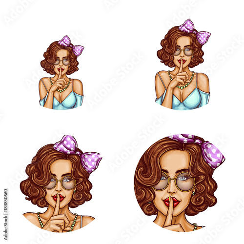 Vector pop art round avatar icons for users social networking, profile icons. Sexy girl with brown hair, bow and glasses holding her finger on lips and asking for silence, quiet, do not tell anyone