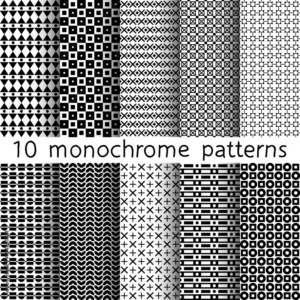 10 monochrome seamless patterns for universal background. Black and white colors. Endless texture can be used for wallpaper, pattern fill, web page background. Vector illustration for web design.