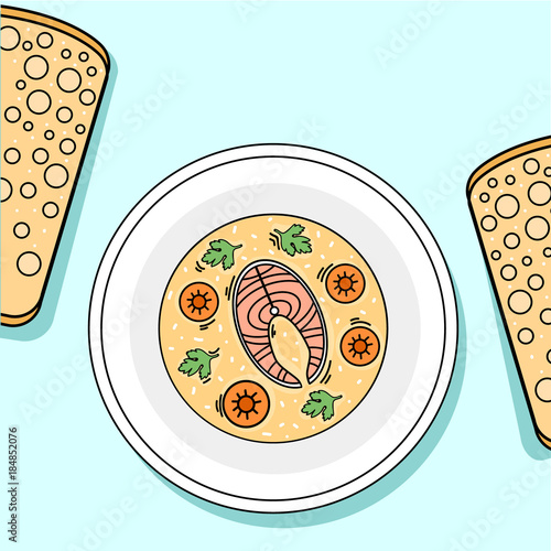 A plate of fish, carrot and greens soup