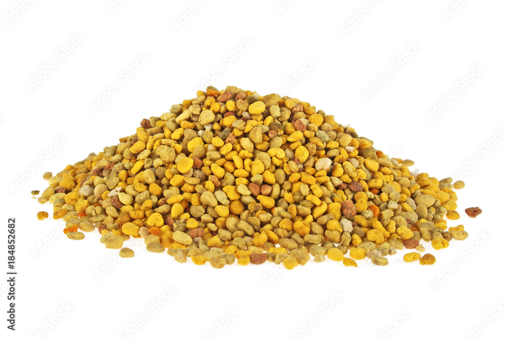 Bee pollen grains on a white background. Healthy natural medicine for influenza. Bee pollen grains on a white background. Healthy natural medicine for influenza.
