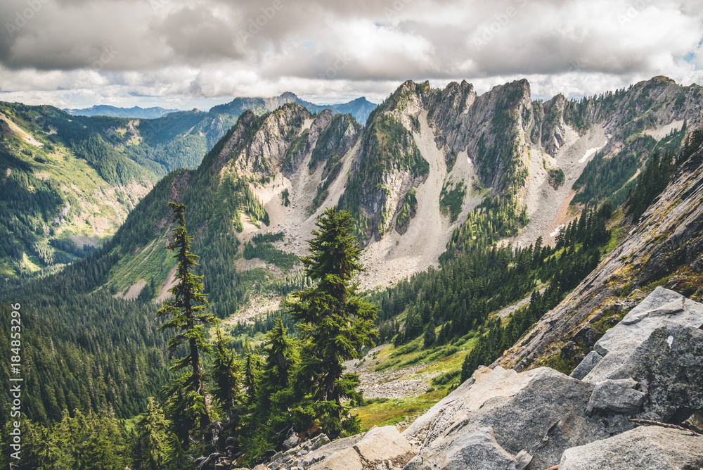 Rocky mountains covered with green forest with blue sky and white clouds on the background Rocky mountains covered with green forest with blue sky and white clouds on the background