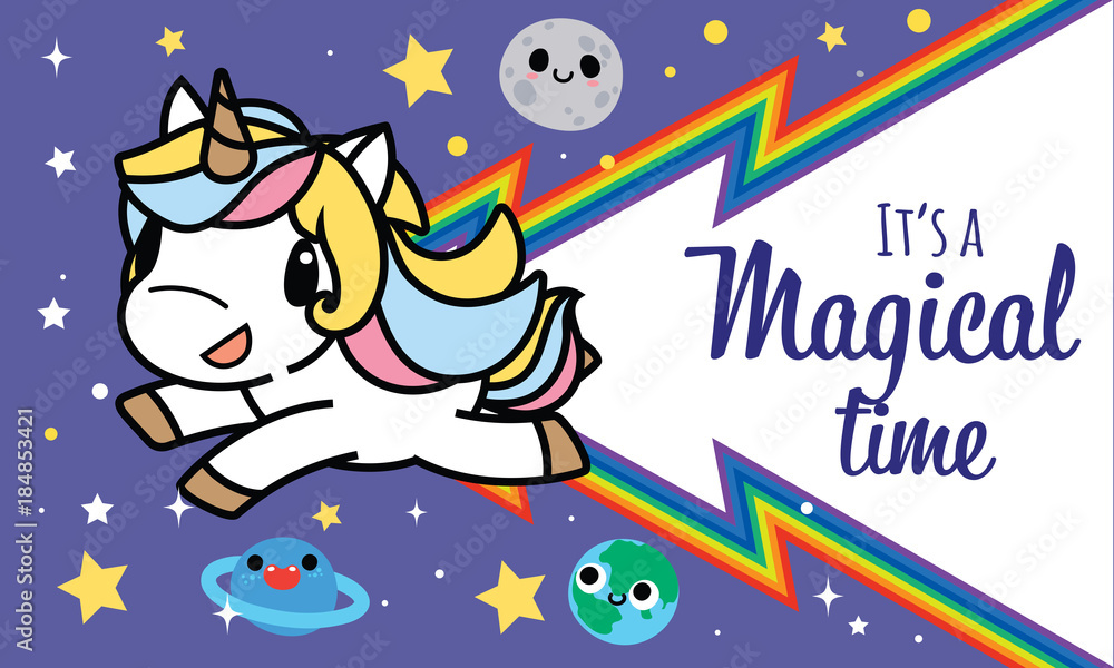 Fototapeta Vector illustration of Cute cartoon happy unicorn flying on universe with star, night background ,rainbow power, flat design , sweet color for kids isolated vector objects , greeting card