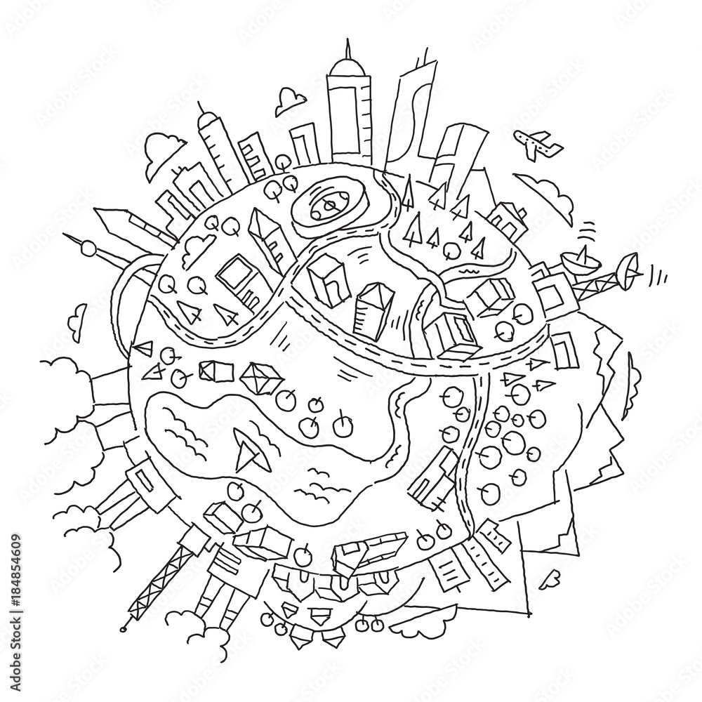 Obraz premium Round illustration world planet Earth. The city, the mountains the factories and buildings. Hand drawn vector stock outline illustration.