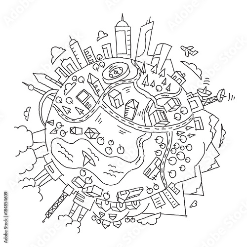 Round illustration world planet Earth. The city, the mountains the factories and buildings. Hand drawn vector stock outline illustration.