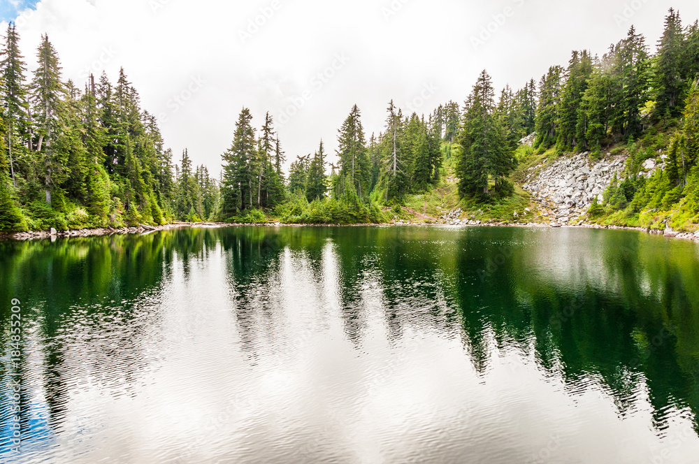 Calm lake in the middle of the mountains chain, surrounded with green forest