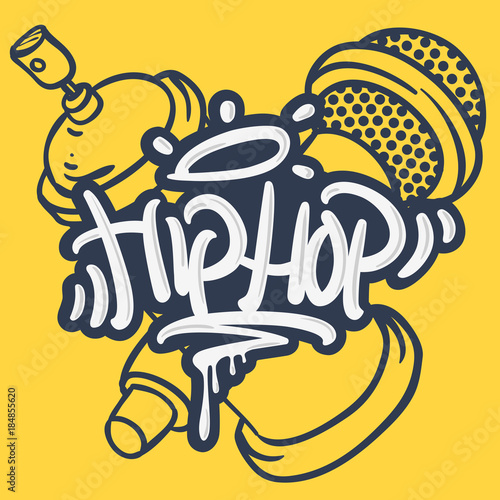 Hip Hop Lettering Custom Tag Style Characters With A Microphone And Graffiti Spray Can Baloon. Artistic Cartoon Hand Drawn Sketchy Line Art Style.