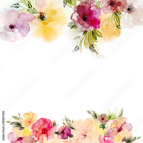 Watercolor hand painted flowers. Summer floral frame, great for greeting cards.