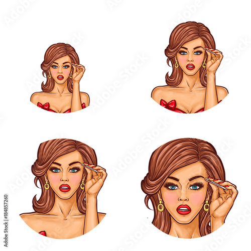 Set of vector pop art round avatar icons for users social networking, blogs, profile icons. Young sexy fashionable girl plucking her eyebrows with tweezers, makeup, eyebrow shape correction
