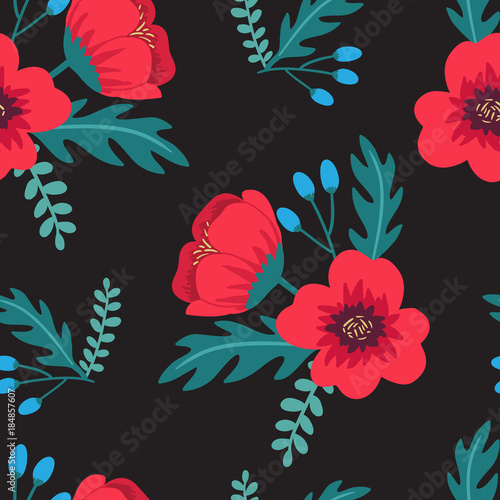 Fototapeta Naklejka Na Ścianę i Meble -  Elegant colorful seamless floral pattern with red poppies and wild flowers on black background. Ditsy print. Vector illustration