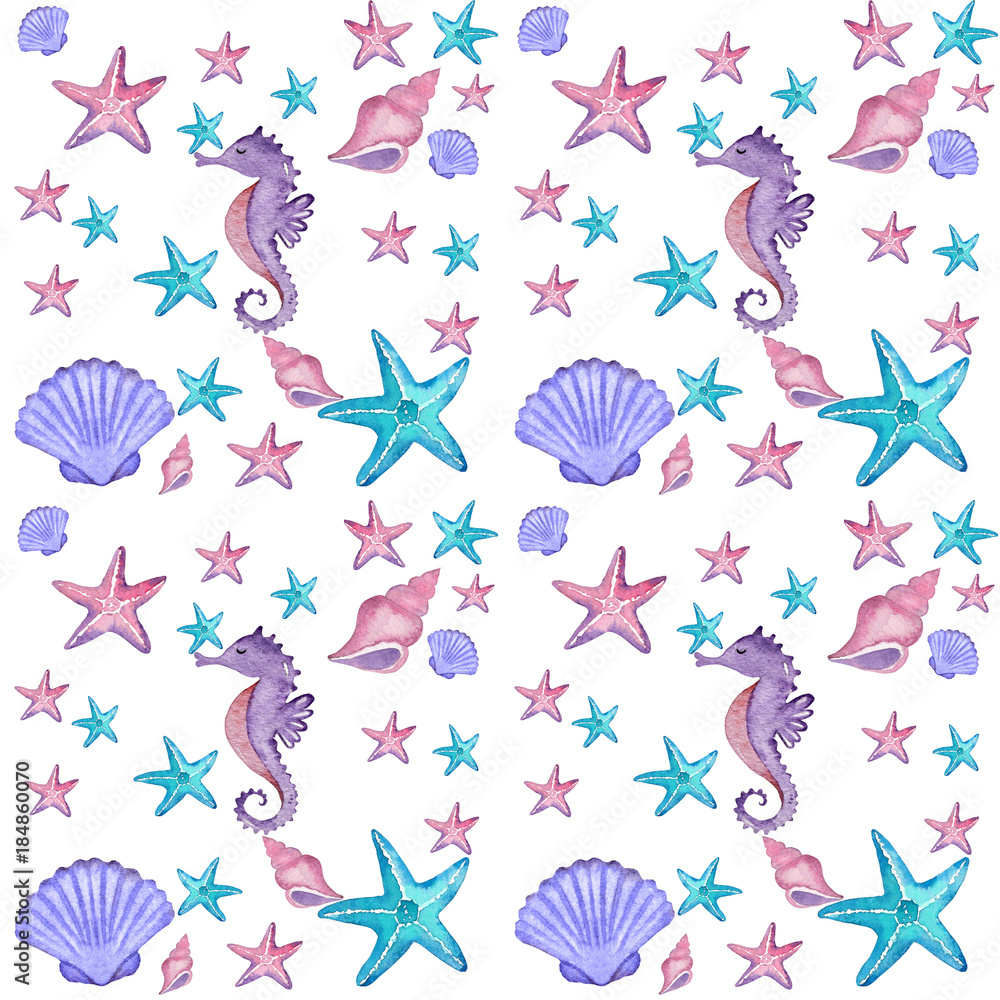 Naklejka premium watercolor nautical pattern with seahorse