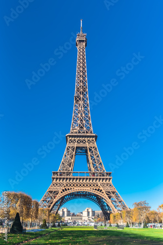 Fototapeta Naklejka Na Ścianę i Meble -  Paris, Eiffel tower behind autumn trees, panorama from the Champ de Mars
