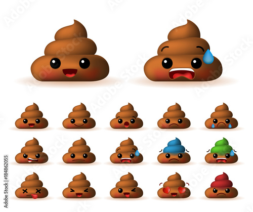 Set of Cute Poo Emoticons on White Background . Isolated Vector Illustration 