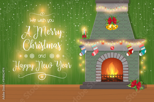 Postcard with a festive fireplace. Happy New Year and Merry Christmas