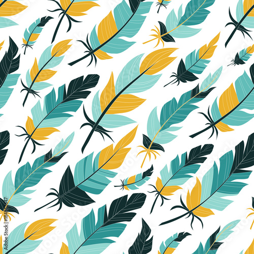 Seamless background from vintage of colored feathers. Pattern