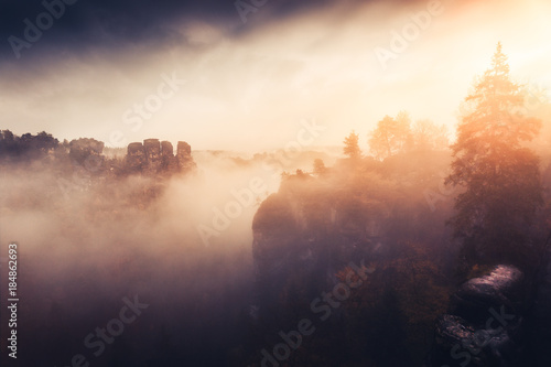 Misty morning in the Elbe Sandstone Mountains