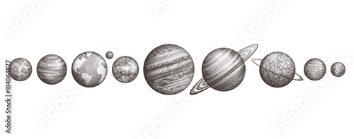 Collection of planets in solar system. Engraving style. Vintage elegant science set. Sacred geometry, magic, esoteric philosophies, tattoo, art. Isolated hand-drawn illustration.