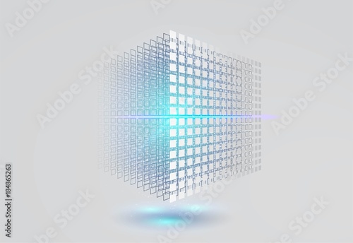 Big data cube. 3D geometric cube from small pieces. Vector ilustration. 