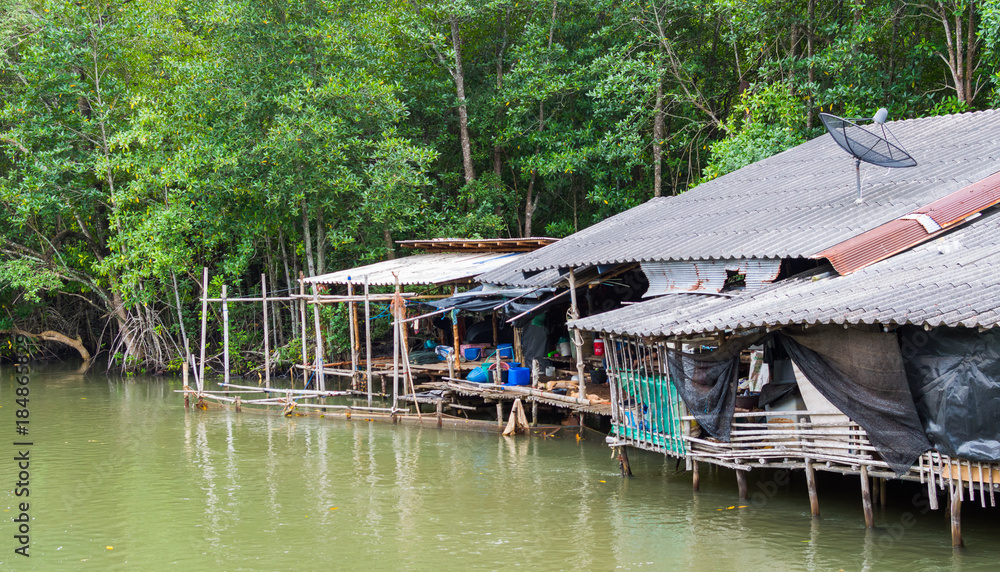 huts at river in tropical landscape - houses in jungle huts at river in tropical landscape - houses in jungle