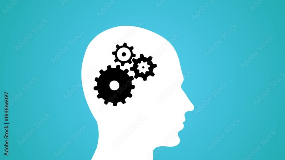 cogs turning thinking concept with silhouette of man loop blue cogs turning thinking concept with silhouette of man loop blue