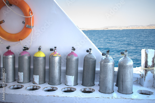 equipment for diving on a yacht. diving cylinders, balloons. aqualung. lifebuoy