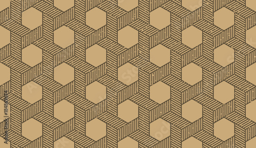 Seamless kraft paper brown and black grunge hexagonal isometric op art revolving star with dotted fill pattern vector