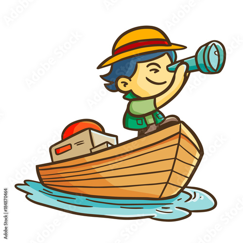 Cool and funny adventurer boy on a boat - vector.
