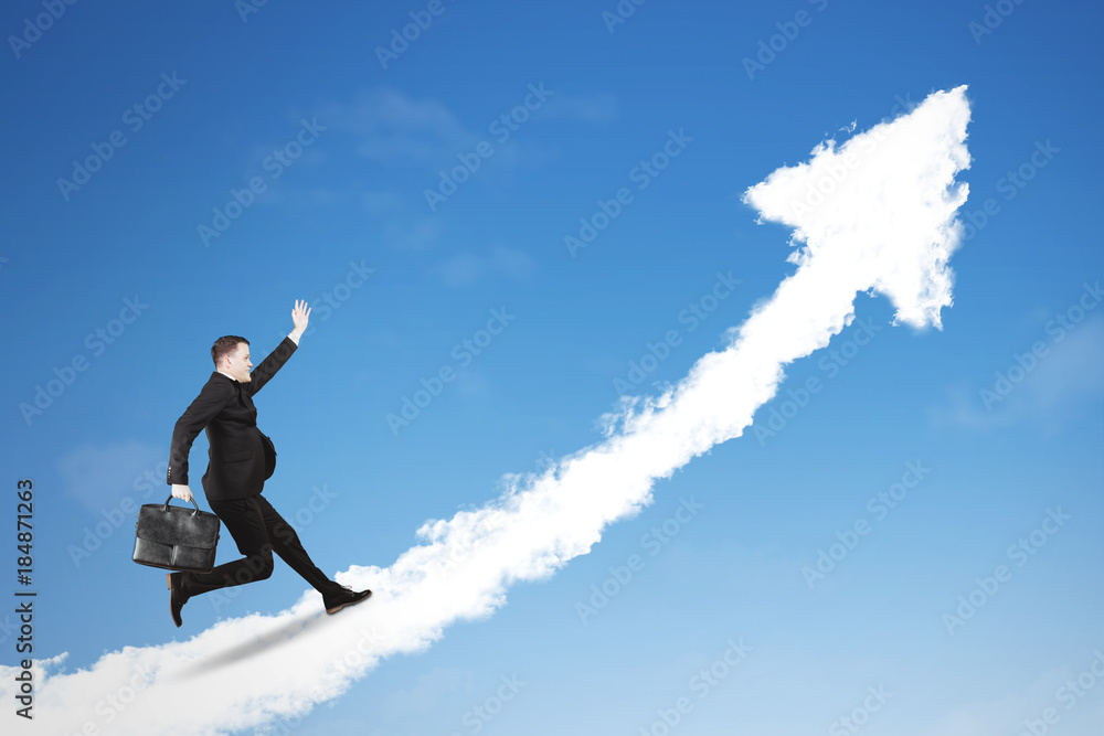 Young manager running above upward arrow