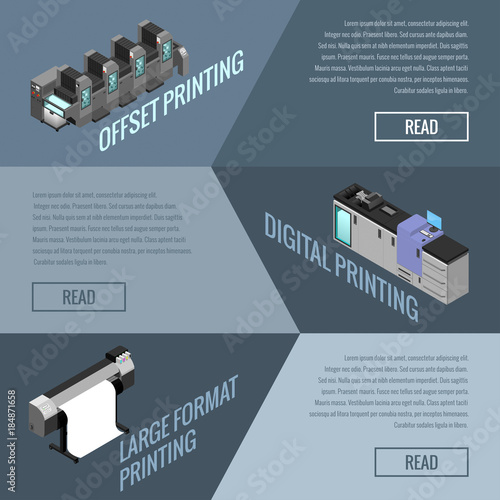 banner on the topic of offset and digital printing of images, isometric image