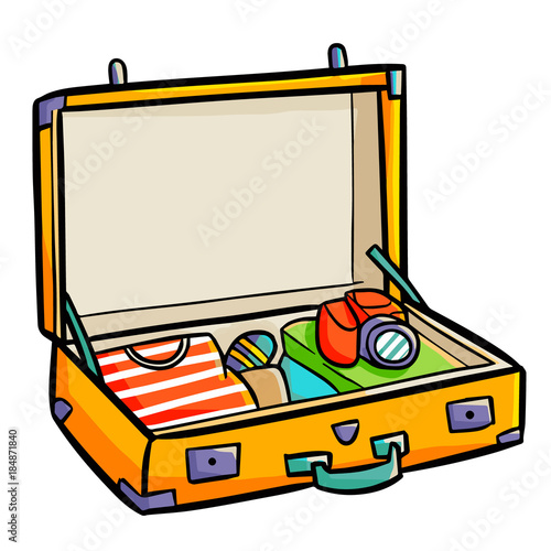 Funny and cute opened suitcase for holiday - vector.