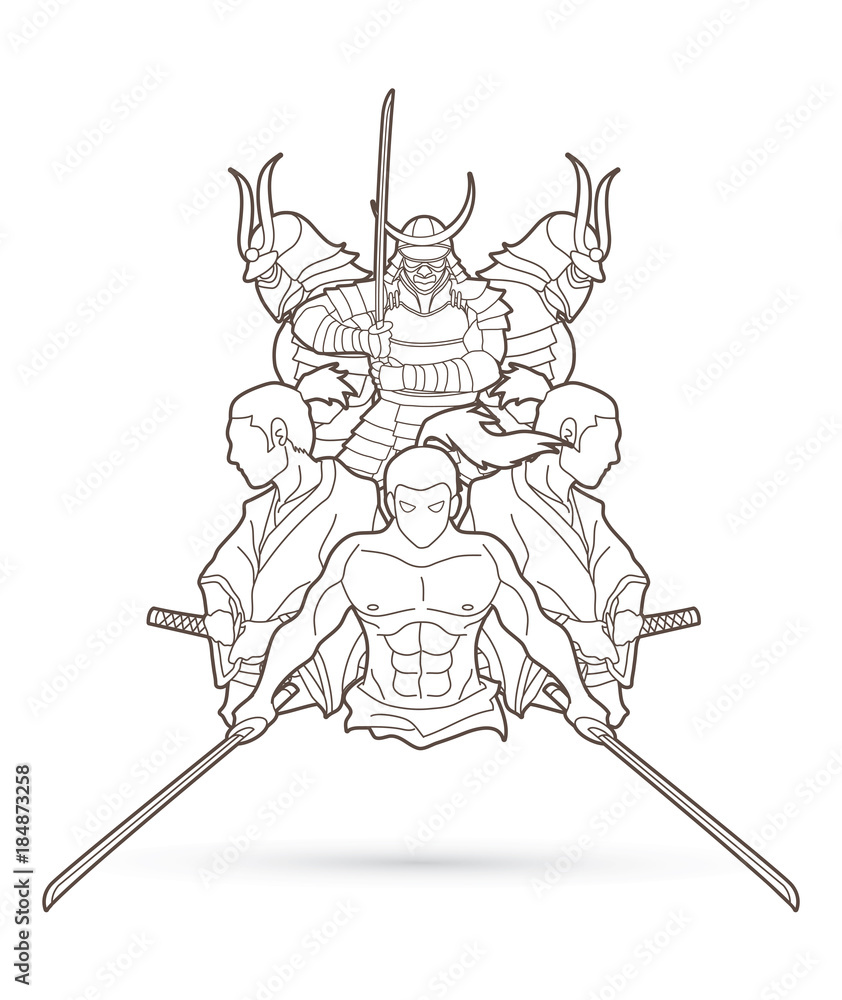 Group of Samurai, Ready to fight action cartoon outline graphic vector  Stock Vector | Adobe Stock